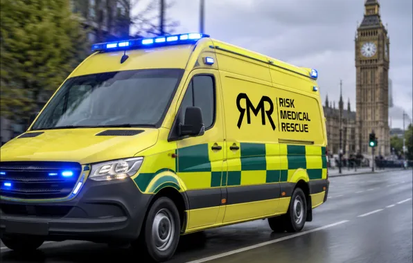 Risk Medical Rescue ambulance responding with blue lights near Westminster